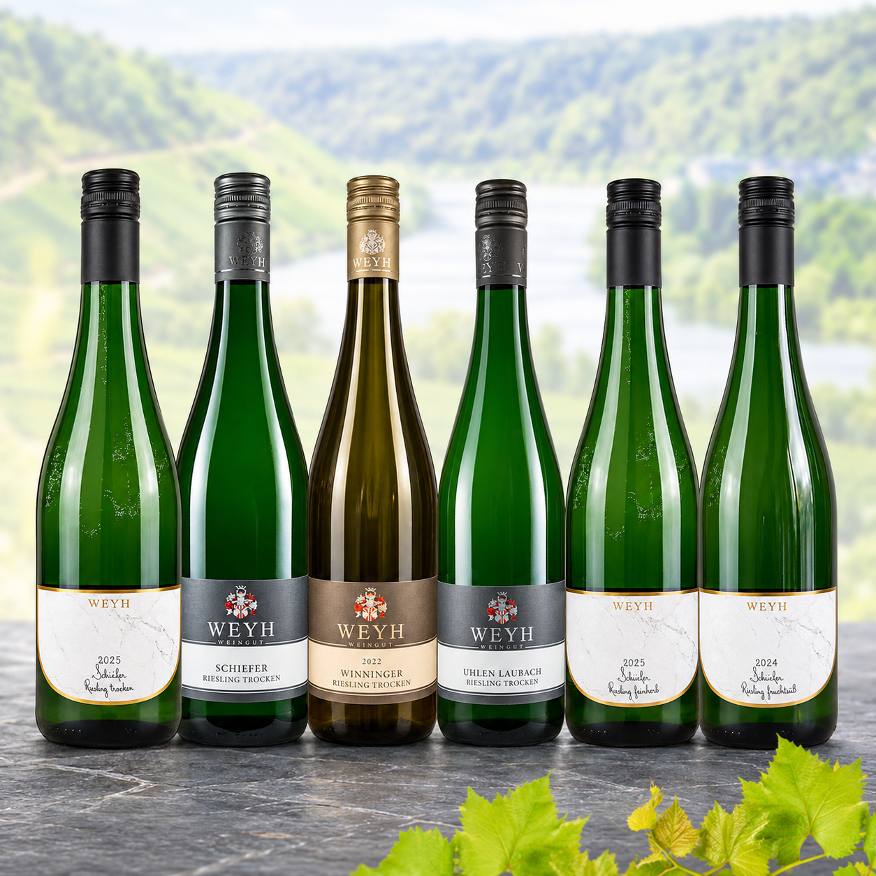 Terroir-Entdecker-Paket mit sechs Weyh-Rieslingflaschen vor der dezent aufgehellten Mosellandschaft: Schiefer trocken 2025 und 2021, Winninger 2022, Uhlen Laubach 2022, Schiefer feinherb 2025 und fruchtsüß 2024.